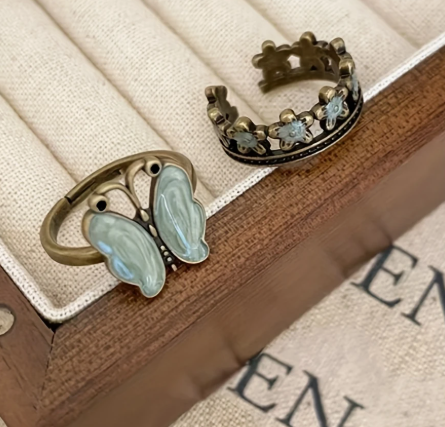 T❹❺🦋Par de Anillos para Mujer con Diseño Vintage de Mariposa y Flor Abierta en la Espalda