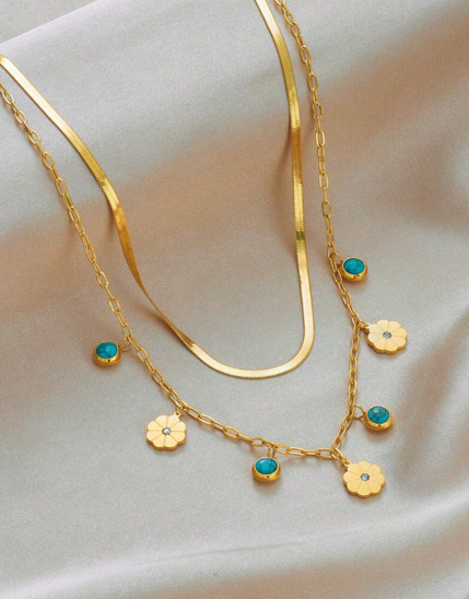 ❹❽🌻1 pieza Collar con colgante de flor de turquesa de doble capa de acero inoxidable