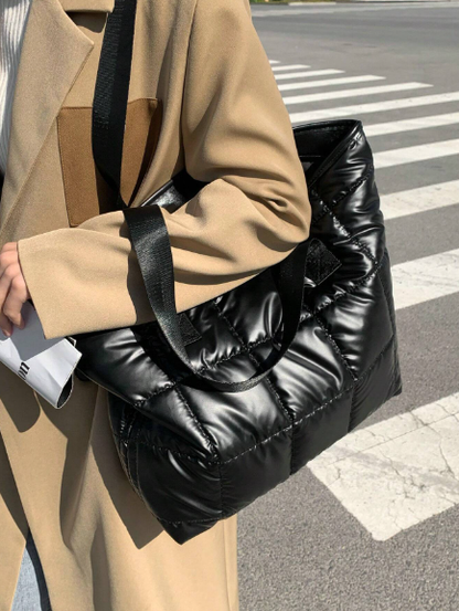 ❶❽🌟Bolso de tote grande de hombro, costura a cuadros negra simple y elegante