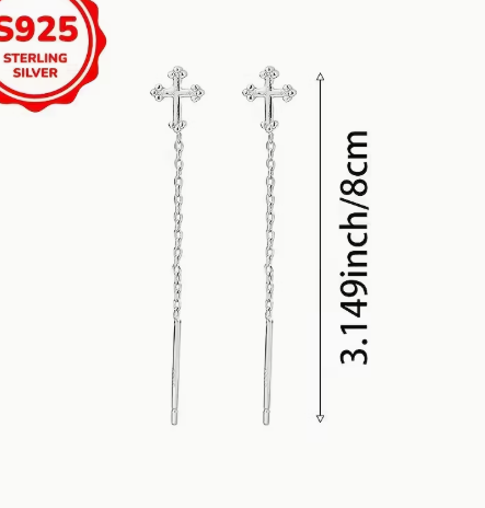 T❺❶🌻Par de pendientes elegantes de plata S925 con cruz y borlas para mujeres