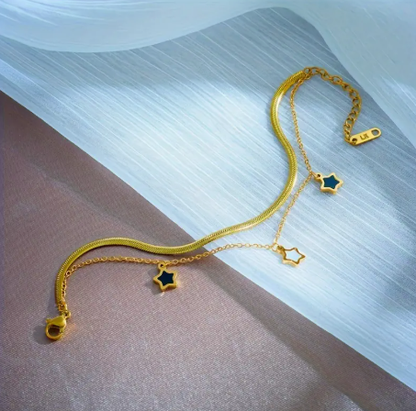 T❹❾💥 Pulsera de cadena de doble capa elegante con pendientes de estrella