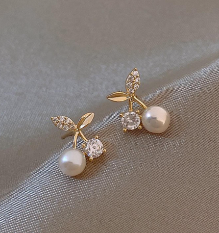 ❹❺🦋Aretes De Botón Con Diseño De Cereza Decorado Con Pedrería