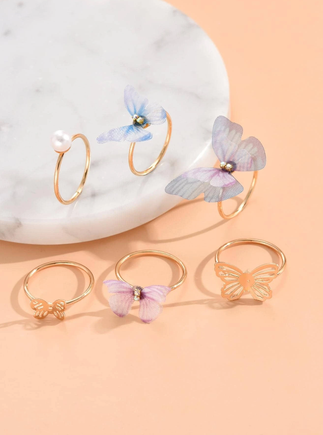 💚🌸6 Piezas/decorativos De Moda Anillo De Imitación De Perla Y Mariposa.