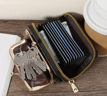 T❸❸💫Monedero Floral Vibrante para Mujeres – Portatarjetas con Ribete Dorado y Múltiples Ranuras