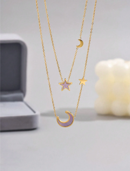 ❶❾☘️1 pieza Collar de acero inoxidable con baño de oro,doble capa con estrellas y luna de concha púrpura