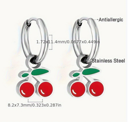 T❹❺🦋Par de Pendientes de Cereza Dulce en Acero Inoxidable 316