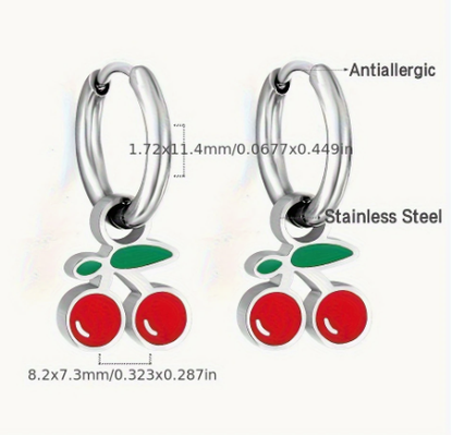 T❹❺🦋Par de Pendientes de Cereza Dulce en Acero Inoxidable 316