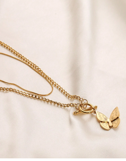 ❹❽🌻1 pieza Collar de cadena de suéter de moda de varios niveles con colgante de mariposa de acero inoxidable