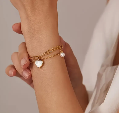 T❹❾💥Bracelete Elegante de Doble Capa con Corazón y Charm para Mujer