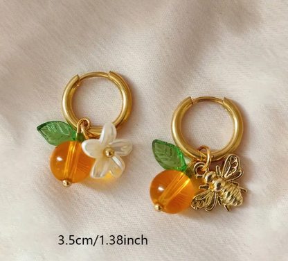 T❹❹🍂1 Par de Pendientes de Abeja y Flor de Fruta Retro Chic