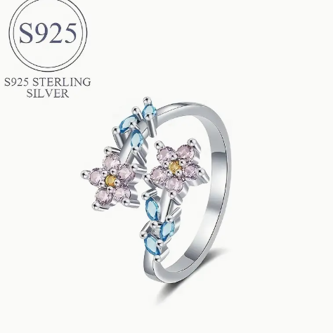 T❹❹🍂Anillo de flores elegante de plata S925 de 2,5 gramos para mujeres