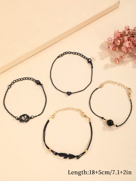 🍄 ❶❺❽❣️4 Piezas/set Conjunto De Pulsera Estilo Simple Con Cadena De Perlas Falsas Negras Y Trenza De Aleación, Decoración De Hojas, Corazón Y Flor Para Mujeres, Regalo Ideal Para Días Festivos