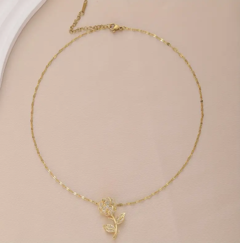 T❹❹🍂1pc Collar con Colgante de Peonía Elegante y Piedras Sintéticas de Zirconia Cúbica