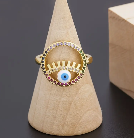 T❹❻🌹Nuevos anillos de zircón cúbico de suerte y ojo malo con arcoíris