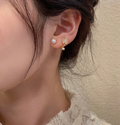 ❹❺🦋1 par de pendientes elegantes con diseño de perla en forma de tulipán