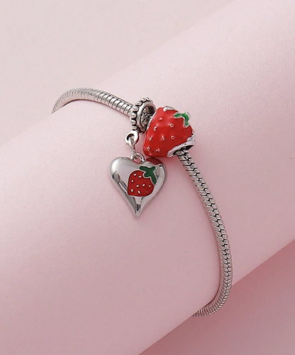 ❹❺🦋1 pieza Pulsera de cobre con cuentas y diseño de corazón con fresas pintadas de forma romántica, regalo para mujeres