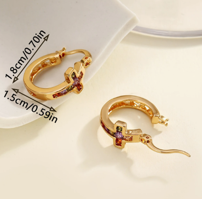 T❹❺🦋1 Par de Pendientes Elegantes de Cruz de Cobre con Circonita Cúbica Colorida
