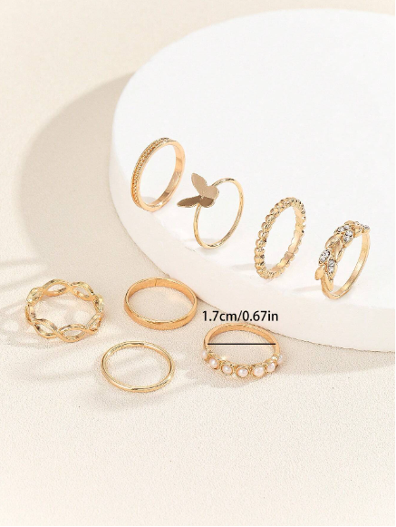 ❶❺🍄8 piezas Conjunto de anillos de moda minimalistas con mariposa y perla artificial en tono dorado para mujer