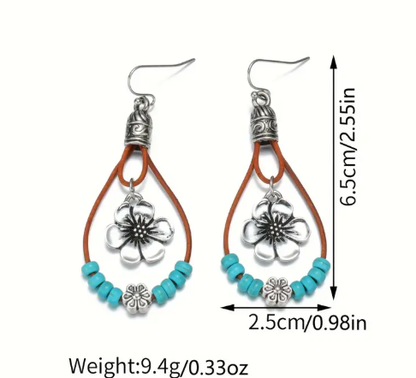 T❹❺🦋Estilo Bohemio 1 Par de Aleación de Flor de Ciruelo con Cuentas de Turquesa