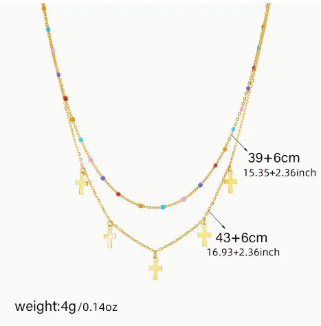 T❺❸💫Collar de doble capa con cruz dorada inspirada en Y2K y cuentas de colores