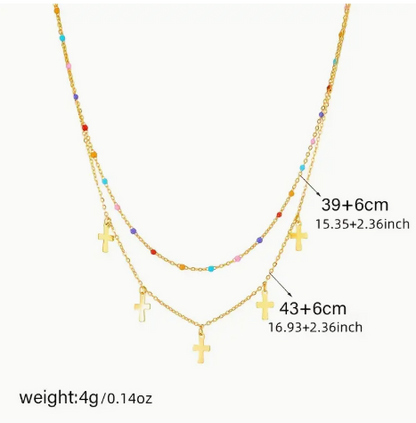 T❺❸💫Collar de doble capa con cruz dorada inspirada en Y2K y cuentas de colores
