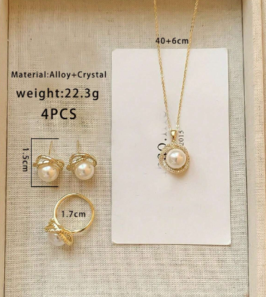 ❶❻💥Juego de joyas de 4 piezas con diamantes de imitación que incluyen collar, aretes, anillo, collar elegante vintage adornado con perlas falsas