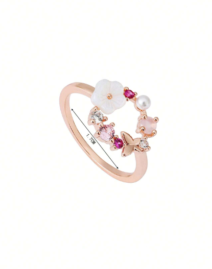 ❶❾☘️Anillo chapado en oro rosa con diseño de mariposa y flor