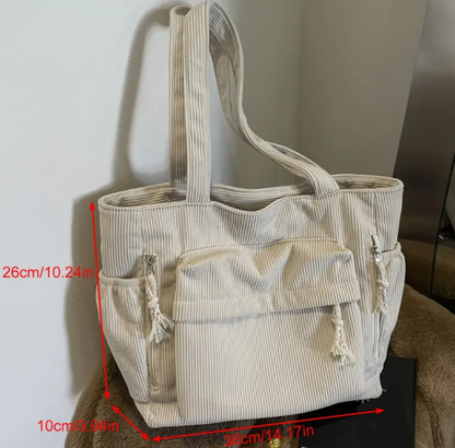 T❹❽🌻Vintage Bolso Tote de Pana de Gran Capacidad con Diseño de Doble Cremallera