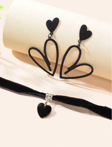 ❷⓿☀️Set de joyería de 3 piezas con colgante de corazón retro, gargantilla de terciopelo negro, pendientes con forma de corazón