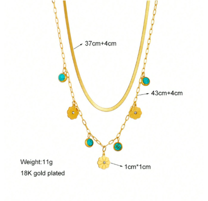 ❹❽🌻1 pieza Collar con colgante de flor de turquesa de doble capa de acero inoxidable