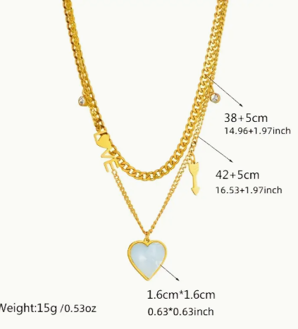 T❺❸💫Elegante collar de acero inoxidable de capas múltiples con colgante de corazón