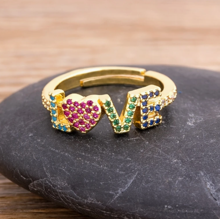 T❹❺🦋Anillo Ajustable de Carta de Amor Chapado en Oro con Circonita 3A Colorida