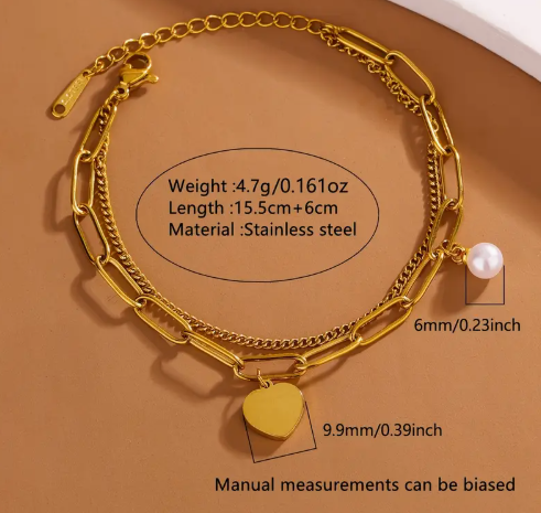 T❹❾💥Bracelete Elegante de Doble Capa con Corazón y Charm para Mujer