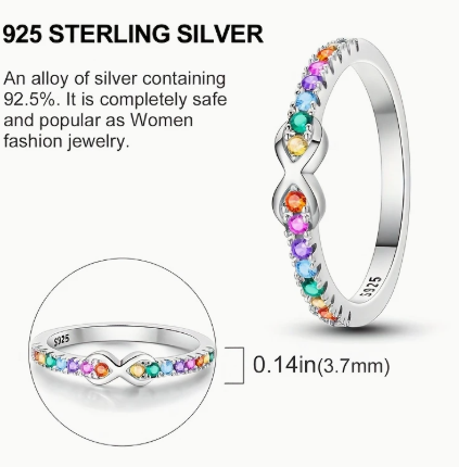 T❹❺🦋1pc Anillo de Plata Esterlina 925 nuevo anillo infinito arcoíris con circonita