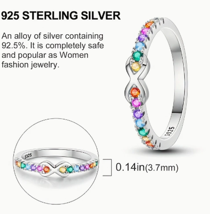 T❹❺🦋1pc Anillo de Plata Esterlina 925 nuevo anillo infinito arcoíris con circonita