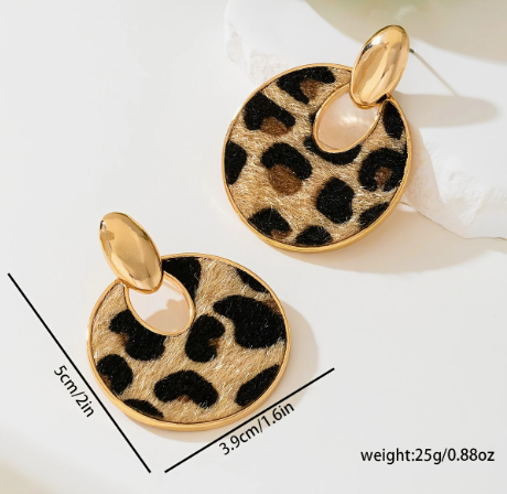 T❹❺🦋1 Par de Pendientes de Círculo Metálicos con Estampado de Leopardo y Estilo Vintage