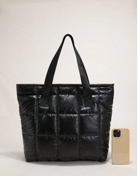 ❶❽🌟Bolso de tote grande de hombro, costura a cuadros negra simple y elegante