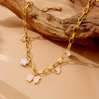 T❹❾💥Collar Bohemio Y2K de Acero Inoxidable en Tono Dorado con Lazos de Mariposa