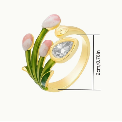 T❹❺🦋Anillo de Esmalte Ajustable con Tulipán y Hoja para Mujer - Diseño Floral Dorado