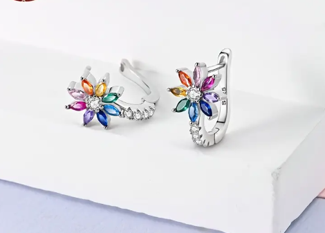 T❸⓿🌼1 Par de pendientes de vacaciones Boho de plata de ley 925, diseño de flor sintética arcoíris, gancho francés, ligero 3g