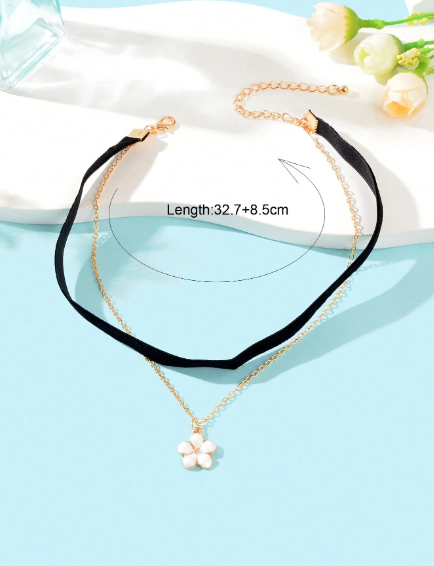 ❽❣️1 pieza Nueva llegada Doble Cadena dorada con colgante de flor Collar gargantilla de terciopelo negro Joyería diaria para el trabajo o fiesta