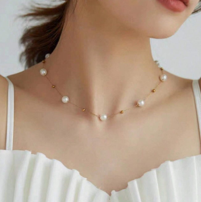 🍇💚1 Pieza Collar Elegante De Imitación De Perlas Y Cuentas Doradas Para Mujeres, Nuevo Estilo Francés, Cadenita De Clavícula De Acero De Titanio De Moda Para El Verano