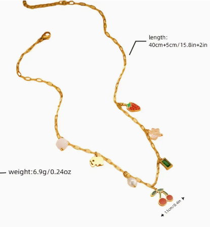 T❹❾💥Collar de Acero Inoxidable 304 para Mujer con Dijes Y2K Adorables: Cereza, Fresa y Corazón