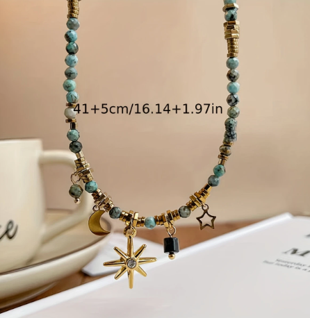 T❹❹🍂Collar de cuentas de piedra natural con diseño vintage elegante, con colgante de estrella