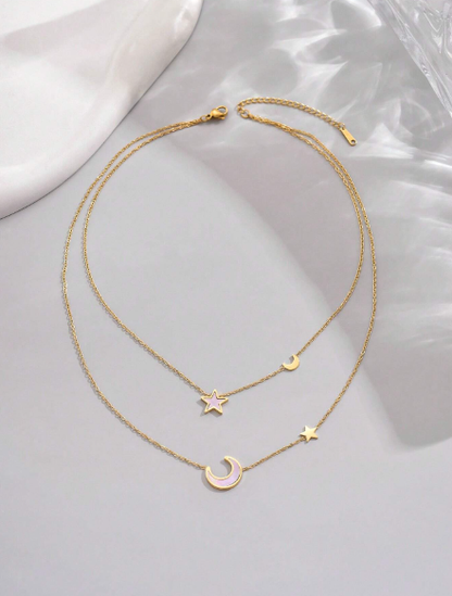 ❶❾☘️1 pieza Collar de acero inoxidable con baño de oro,doble capa con estrellas y luna de concha púrpura