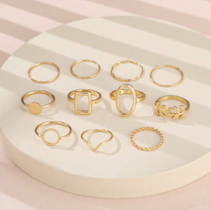 ❽❣️11 piezas/set Set de anillo color dorado geométrico hoja diseño creativo , adecuado para de mujeres uso diario