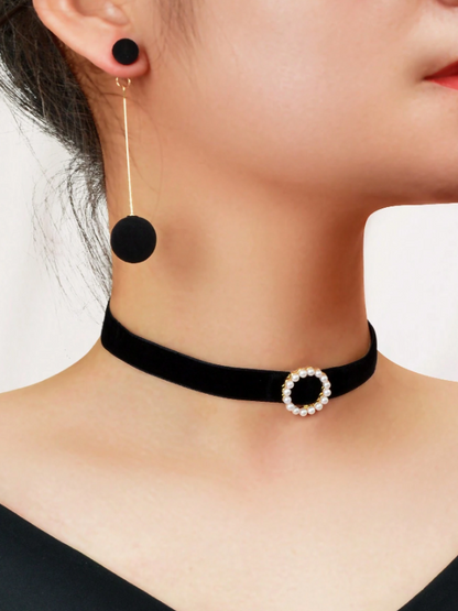 🍒Conjunto De Joyas Para Fiesta Retro De 3 Piezas. Collar De Terciopelo Negro, Collar Largo Con Colgante Y Pendientes De Botón De Bola Para Fiesta Nocturna.