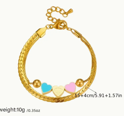 T❹❻🌹Pulsera Elegante de Acero Inoxidable en Tono Dorado con Doble Capa y Colgantes