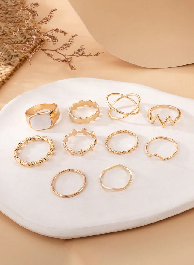 💚Juego De Anillos Torcidos Cruzados Y Irregulares Para Mujeres, Simple Y De Moda, 10 Piezas / Set