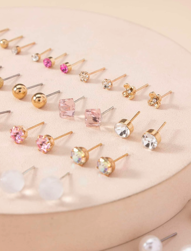 💚30 pares Pendientes de botón con diseño de diamante de imitación